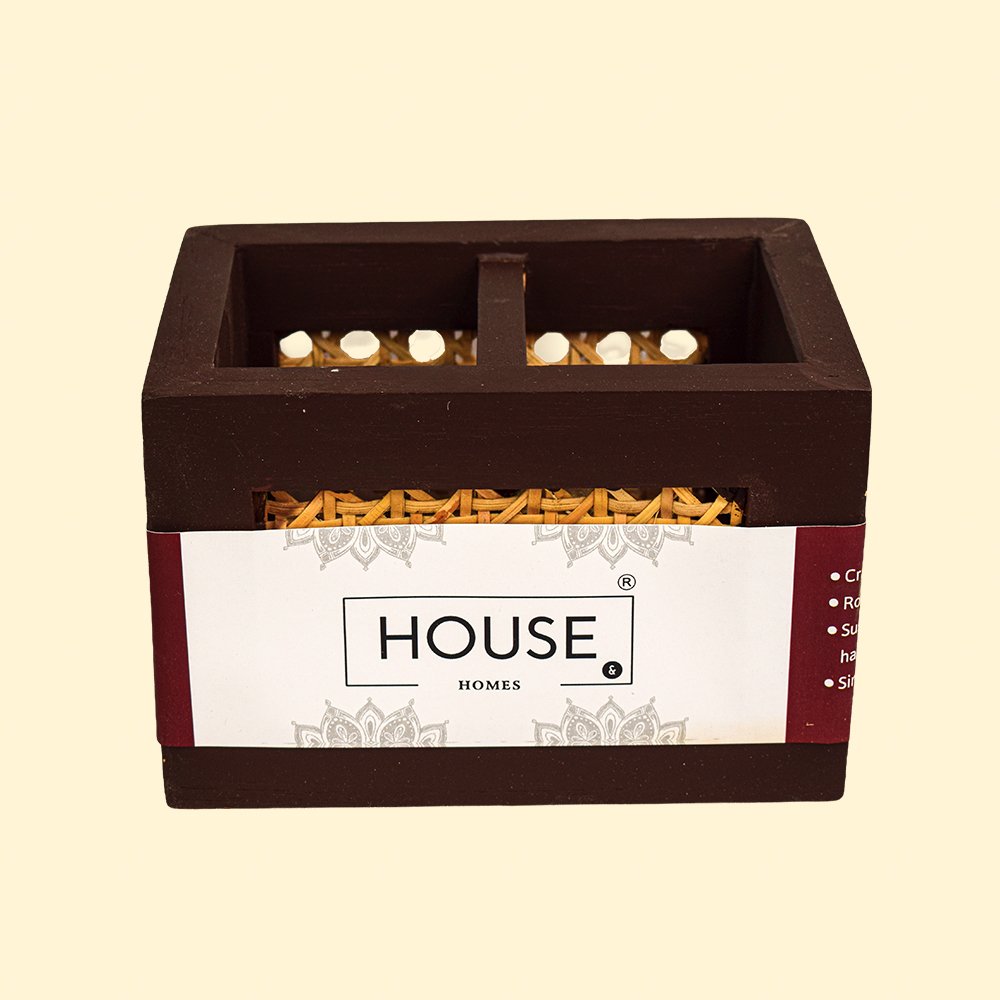 Ratan Series Teak Wood Cutlery Holder - Double