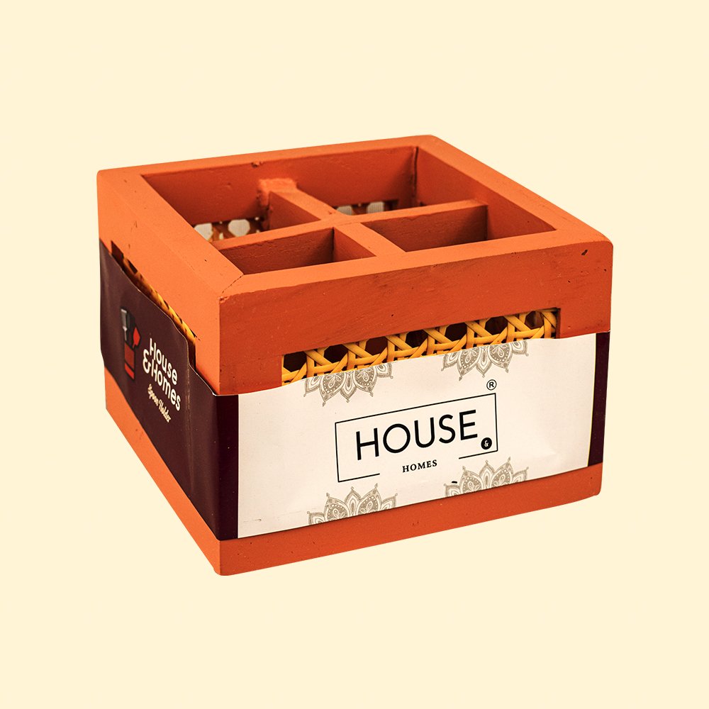 Ratan Series Teak Wood Cutlery Holder - Four Revolving