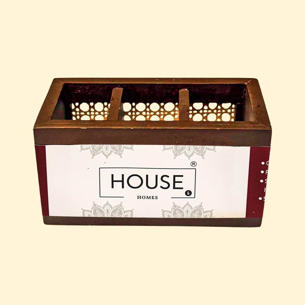 Ratan Series Teak Wood Cutlery Holder - Three