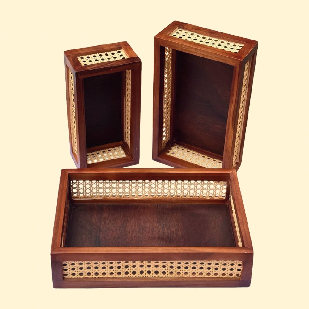 Ratan Series Teak Wooden Organiser (Walnut)