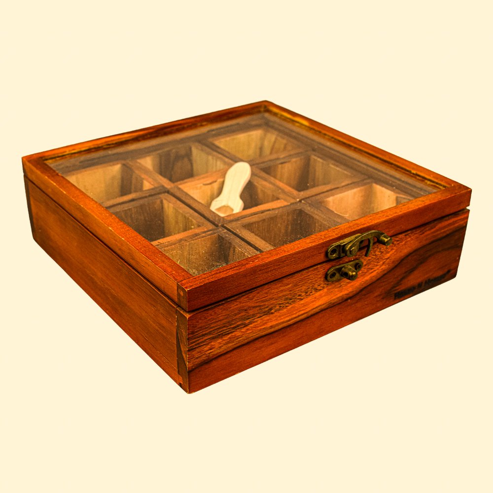 Teak Wooden Masala Box - 9 Part (Spice Box)