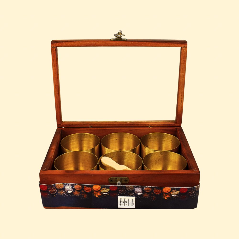 Teak Wooden and Brass Masala Box (6-Part) (Spice Box)